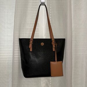 Anne Klein Black Tan Brown White Faux Leather Mid Size Tote